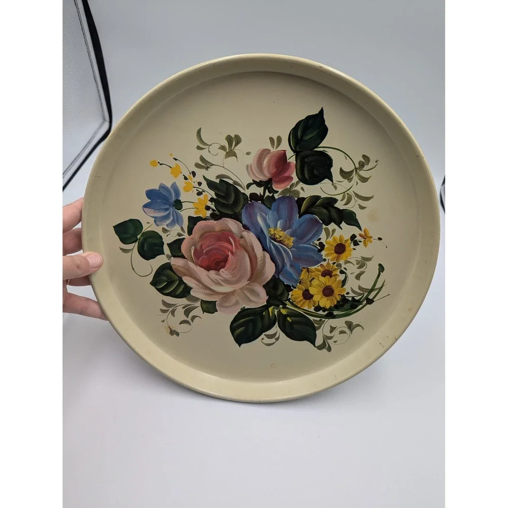 Vintage Serving Tray Cream Metal Floral Bouquet Print 12.5 Inch Cottagecore